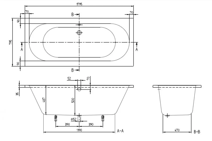 Baignoire rectangulaire O.NOVO Duo 180x80cm SANS Tablier*