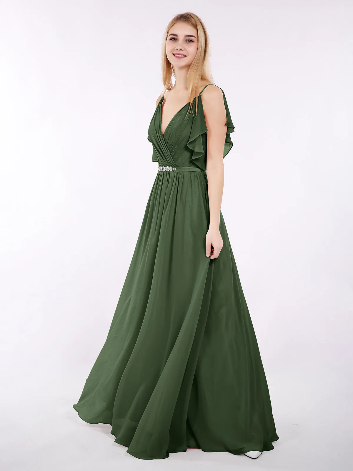 Bretelle Spaghetti Mousseline Robe avec Col en V Olive Verte