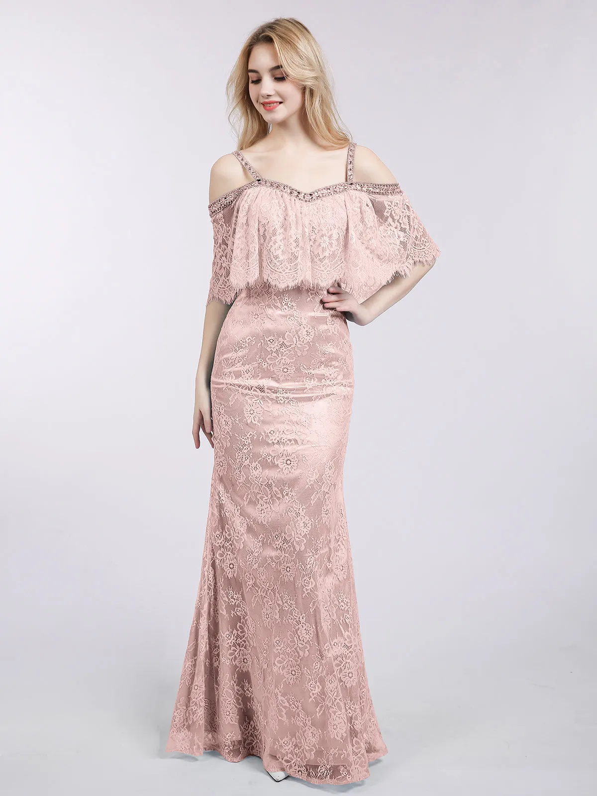 Bretelle Spaghetti Sirène Dentelle Robe Rose Poudré