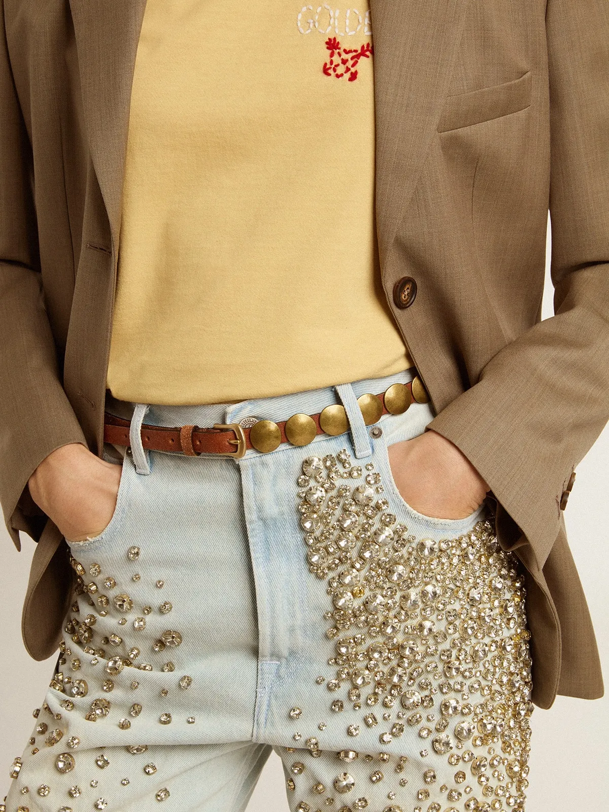 Ceinture fine Trinidad en cuir marron foncé avec cabochons argentés | Golden Goose