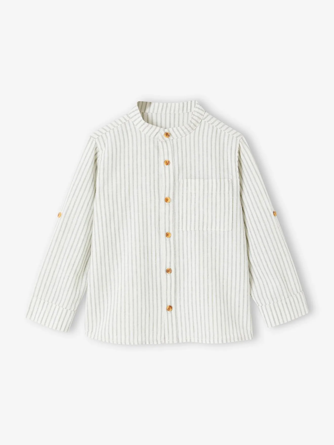 Chemise col Mao rayée en coton/lin garçon manches retroussables rayé vert - Vertbaudet