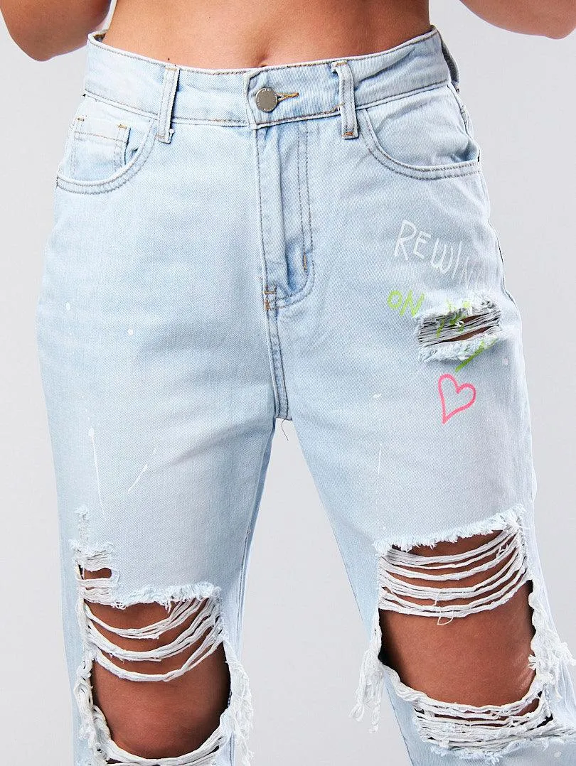 Jean mom déchiré taille haute