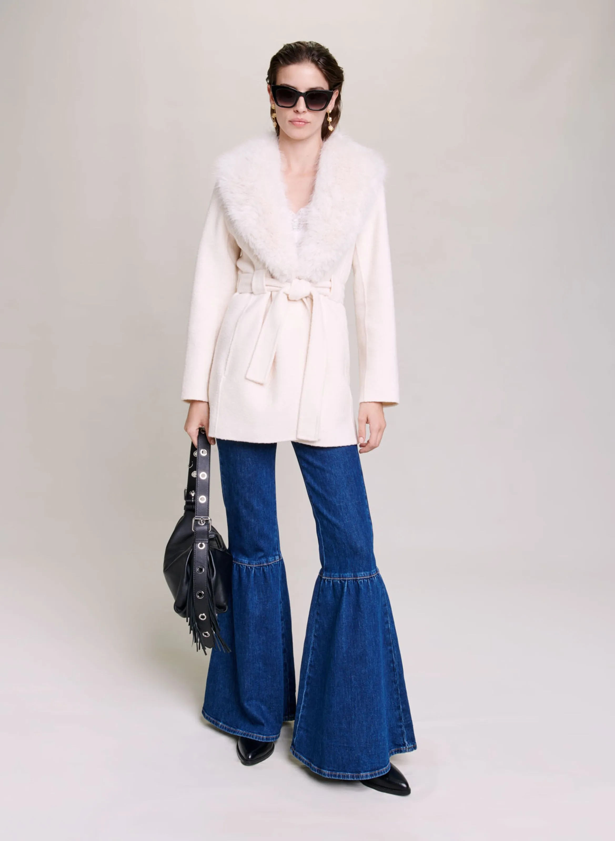 MAJE  Manteau cintré col châle en laine mélangée - Blanc