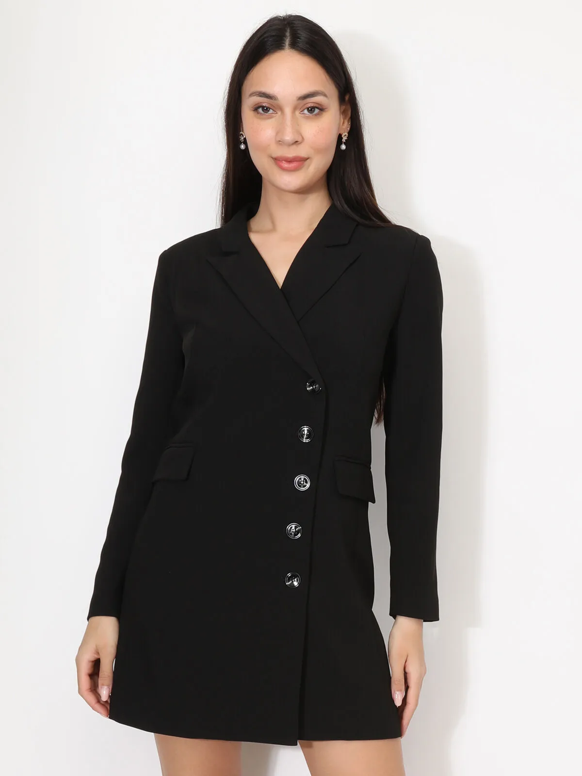 Robe blazer droite à boutons- Noir