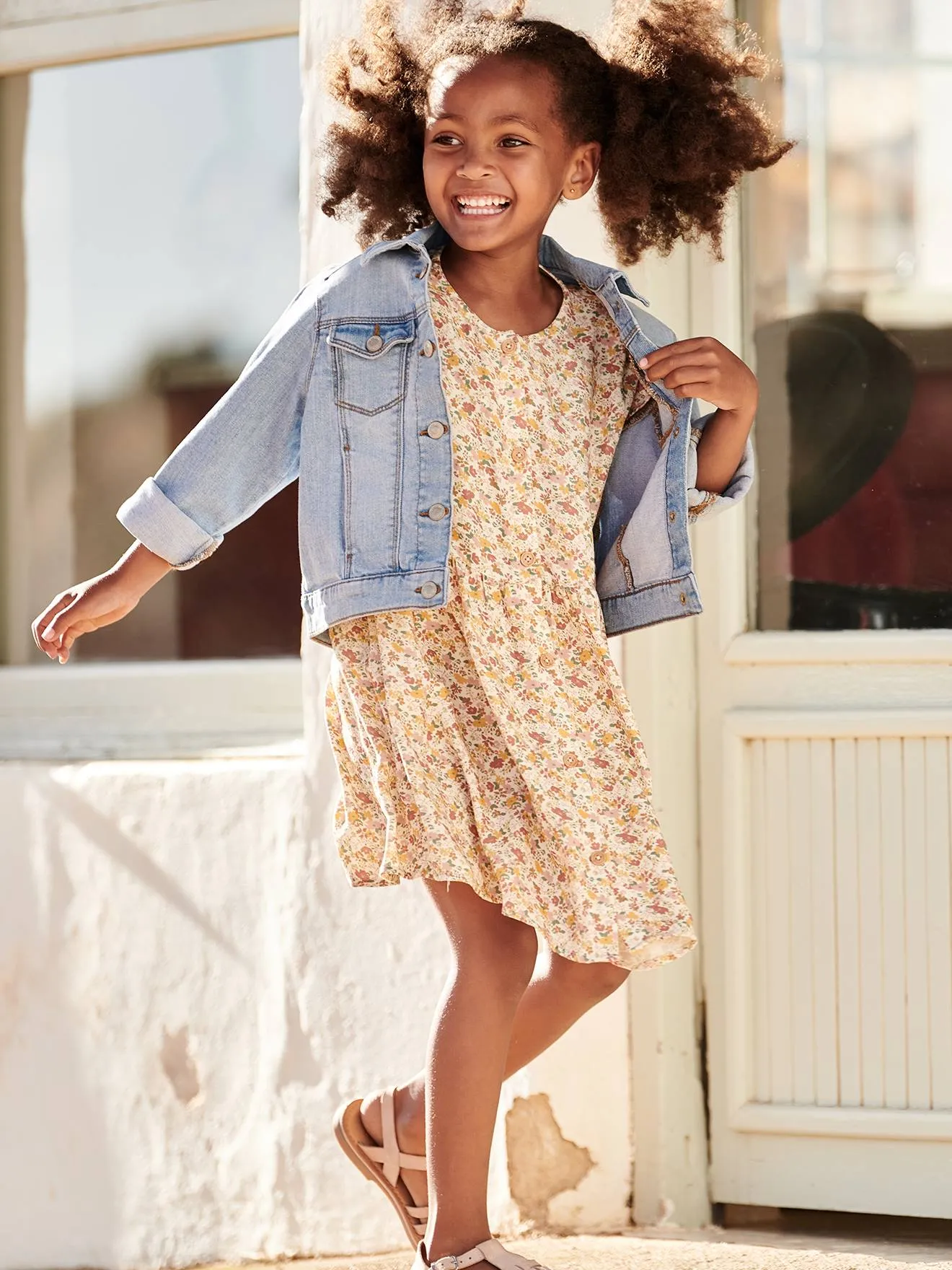Robe boutonnée à fleurs fille bleu - Vertbaudet