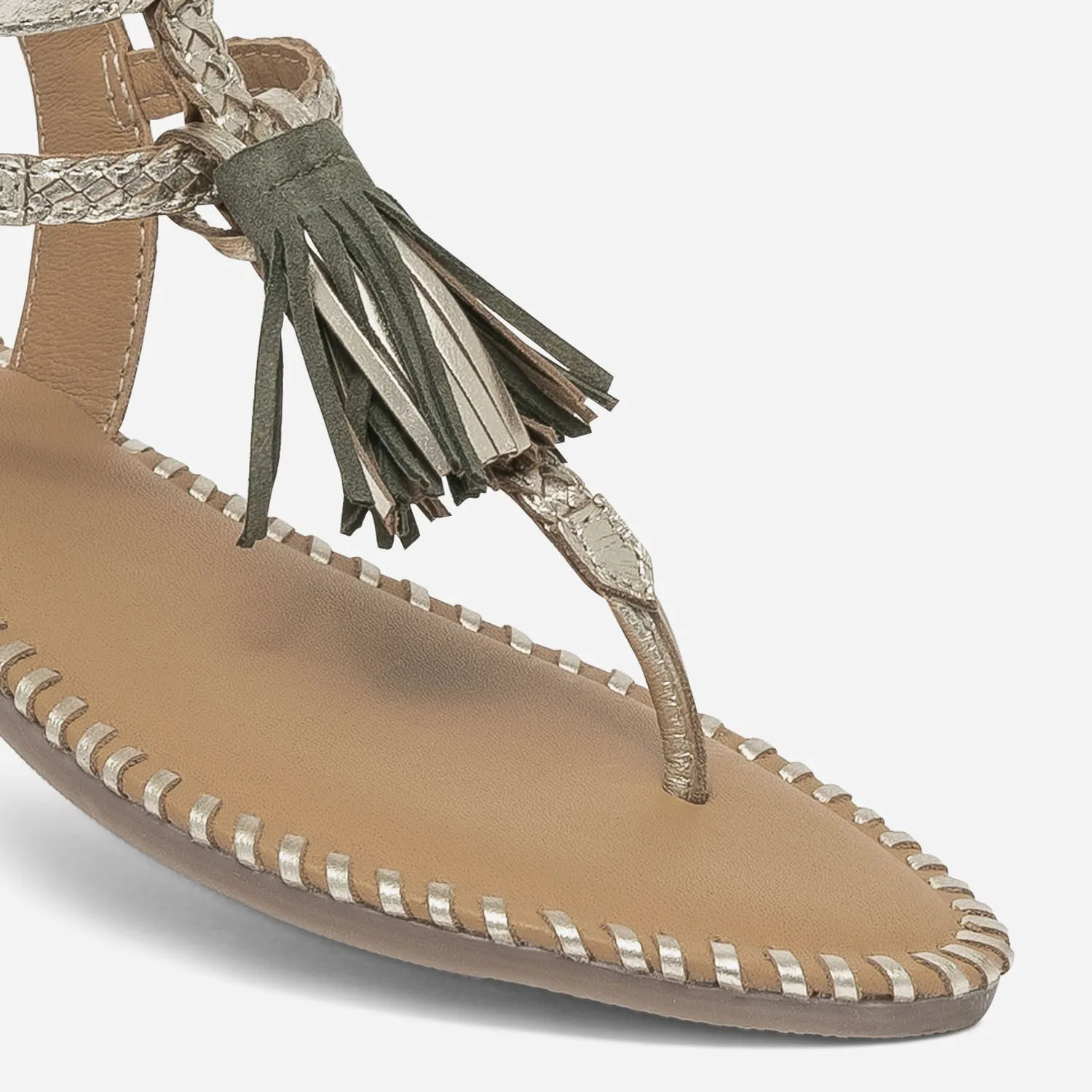Sandale-tong dorée en cuir tressé avec pampilles - Eram Femme | ERAM