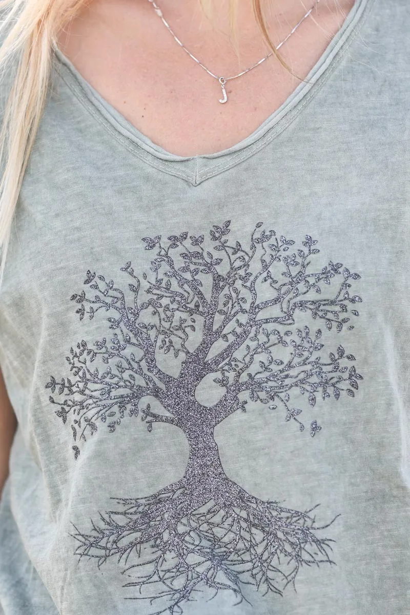Tshirt kaki coton col v arbre de vie brillant