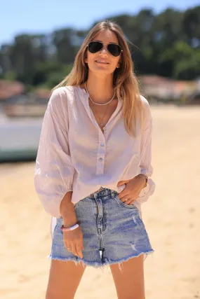 Tunique rose pâle en voile de coton col boutons nacrés
